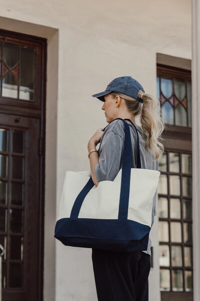 Sac cabas 350gsm en coton recyclé AWARE™ SHOP LOCAL - Bleu Marine