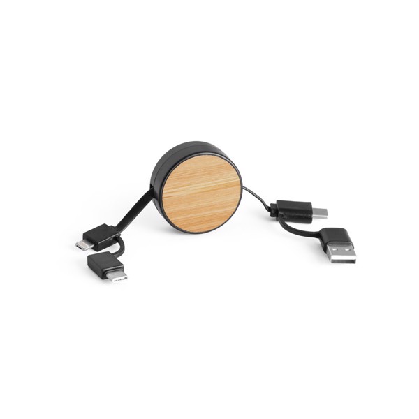 RUBINS. 6-u-1 USB kabl na uvlačenje od recikliranog ABS-a (100% rABS)-a i bambusa - Čierna