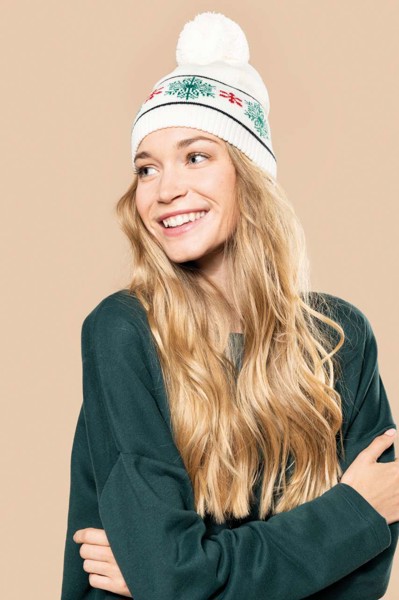 Beanie With Christmas Patterns - Off White