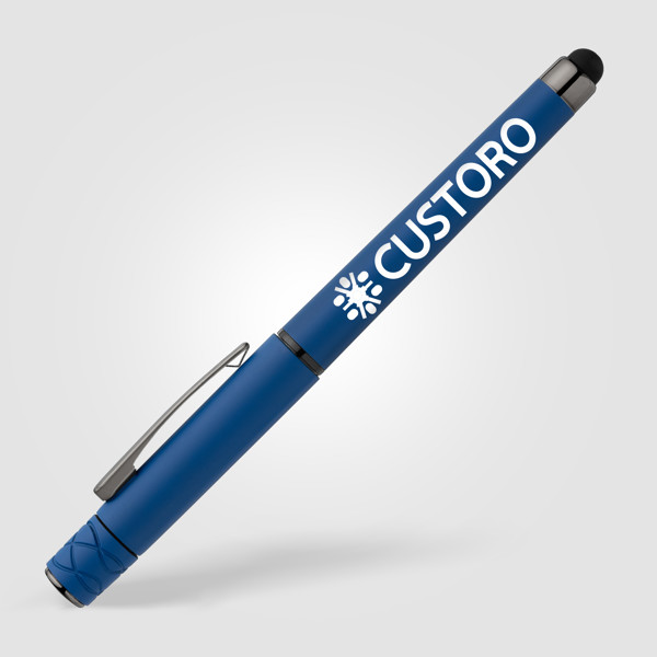 Stylo Tavi en plastique recyclé avec stylet et fidget spinner à encre gel - Bleu roi / Sérigraphie