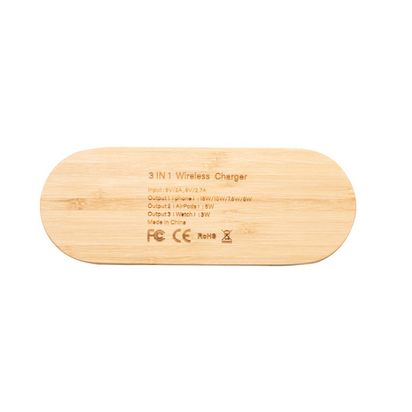 Cargador inalámbrico 3 en 1 personalizado de bambú 15W con indicadores luminosos