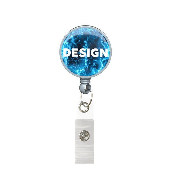 Carrete portacredenciales retráctil de forma redonda con logotipo de ⌀2,8 cm - A todo color / Gris medio / Belt clip