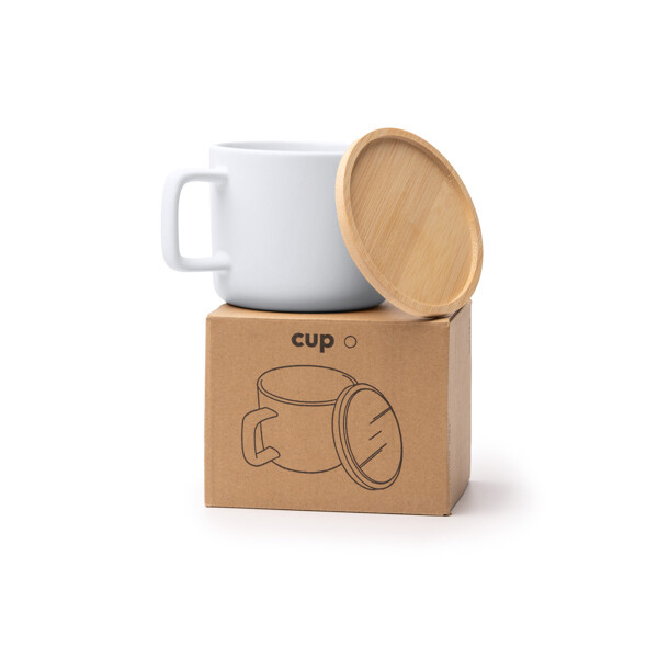 Personalised ceramic mug 350 ml with bamboo lid and square handle