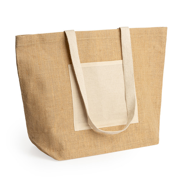 Personalised laminated jute bag with front pocket and cotton handles