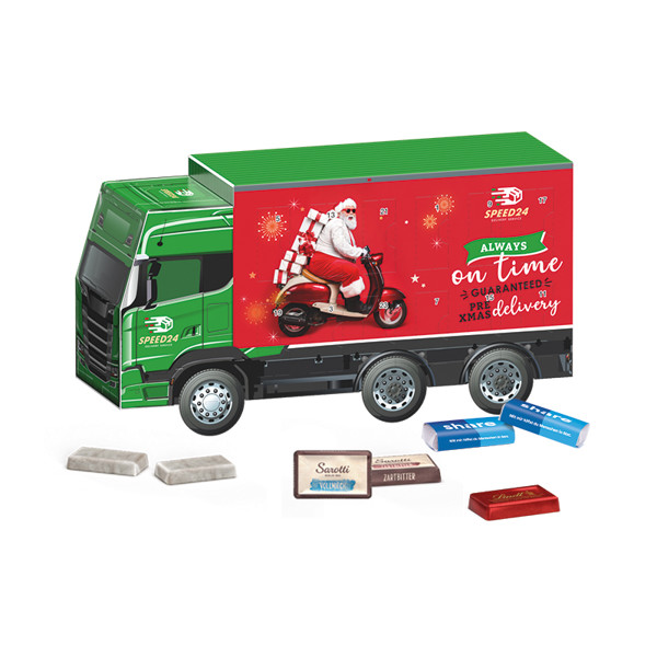 Advent Calendar Truck Solid board box, white 24 Ritter SPORT chocolate  bites mixture: alpine milk, cornflakes,