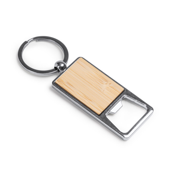 Llavero abridor personalizado de bambú y metal cromado
