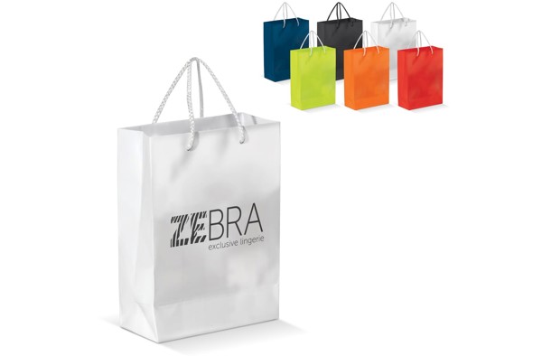 Papirnata vrečka 180x80x240 mm, sijajna, ročaji iz vrvi - Bela