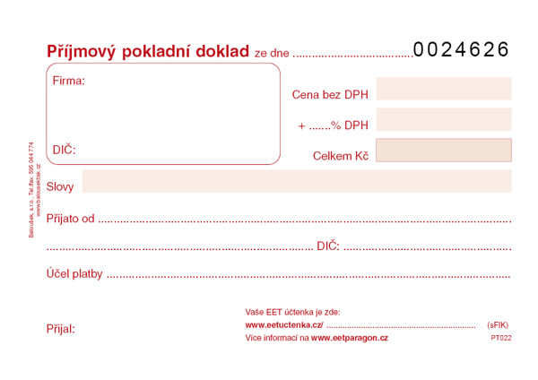 Příjmový Pokl. Doklad A6 Číslovaný - Eet