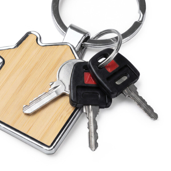 Customised bamboo house-shaped keyring with metal finish