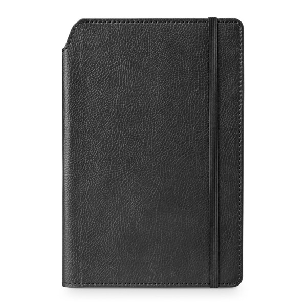 MORIAH. Bloco de notas A5 em PU com folhas pautadas, feitas de material certificado FSC™ e outros materiais controlados - Preto