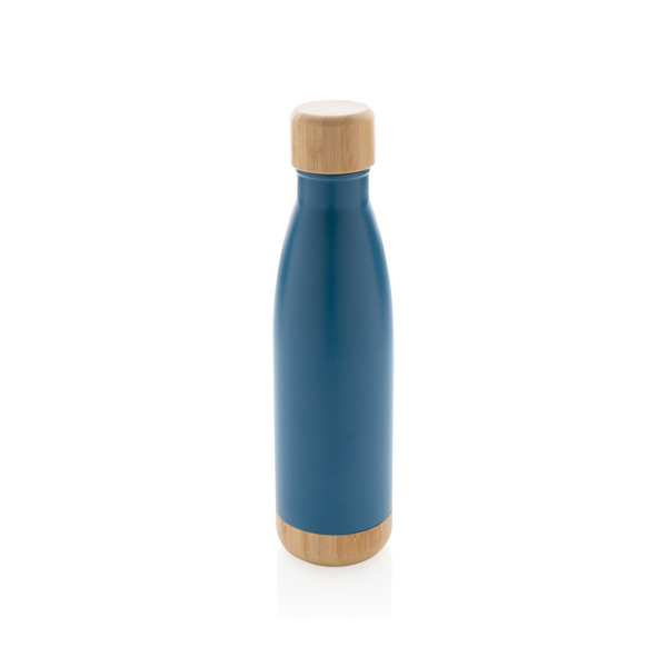 Vacuum stainless steel bottle with bamboo lid and bottom - Blue