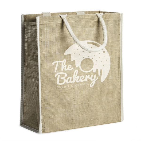 Bolsa de yute natural laminado personalizada con asas de algodón