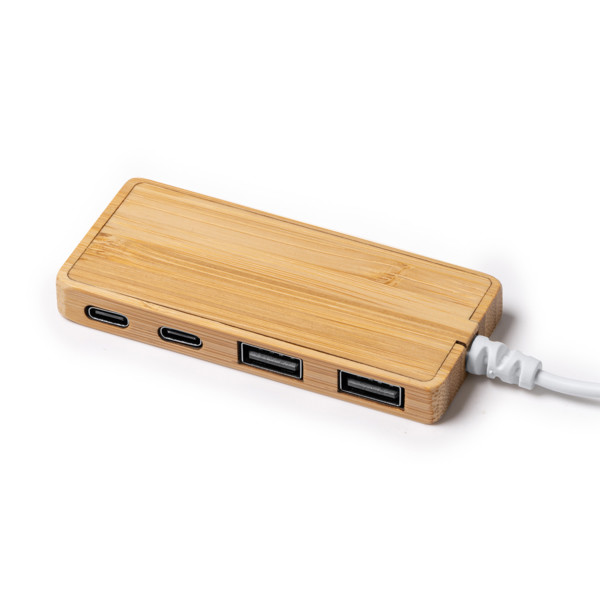 Hub USB personalizado de bambú con 2 puertos USB y 2 puertos Tipo C