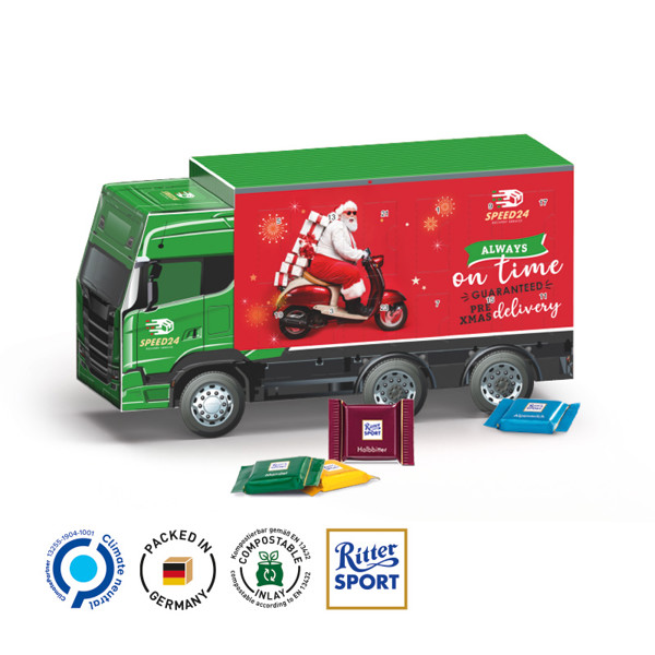 Adventskalender LKW, Ritter SPORT Schokowürfel | 24 Ritter SPORT Schokowürfel, 4 Sorten, 192 g