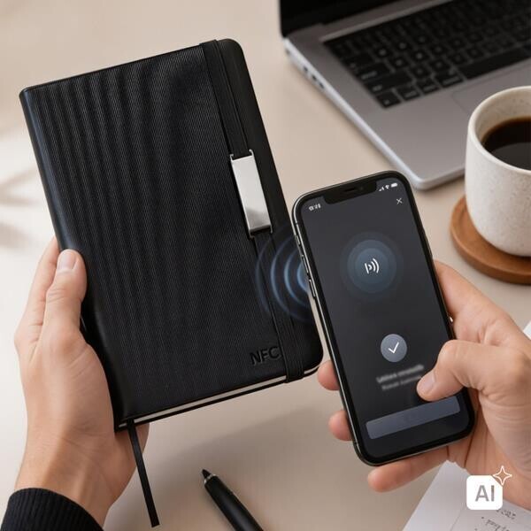 Conjunto com Bloco De Notas A5 com tecnologia NFC integrada, esferográfica de metal e porta-chaves 
