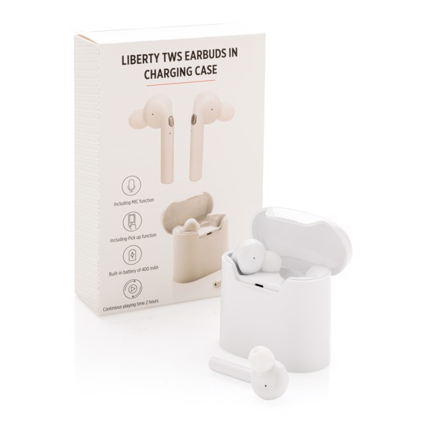 Liberty wireless earbuds in charging case - White