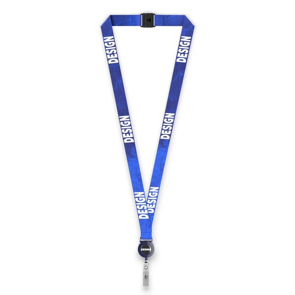 lanyard a bobina per badge in poliestere sublimato - Colore pieno / Freddo Blu scuro / 20mm Larghezza / Stacco di sicurezza