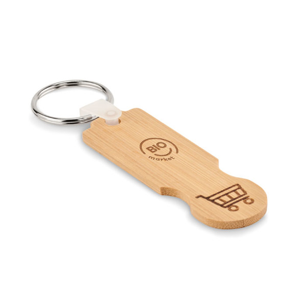 Compras bambusov obesek za ključe, evro žeton, 77x25 mm
