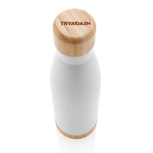 Vacuum stainless steel bottle with bamboo lid and bottom - White