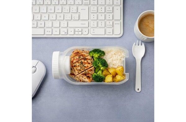 Boîte à lunch tout-en-un avec compartiment à sauce et cuillère-fourchette - Blanc