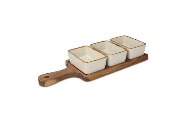 InSideOut Planche de service en bois avec 3 bols en céramique - Ecru