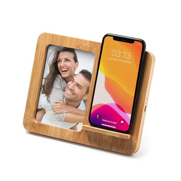 Cargador inalámbrico personalizado de bambú con marco para fotos 10x15 cm