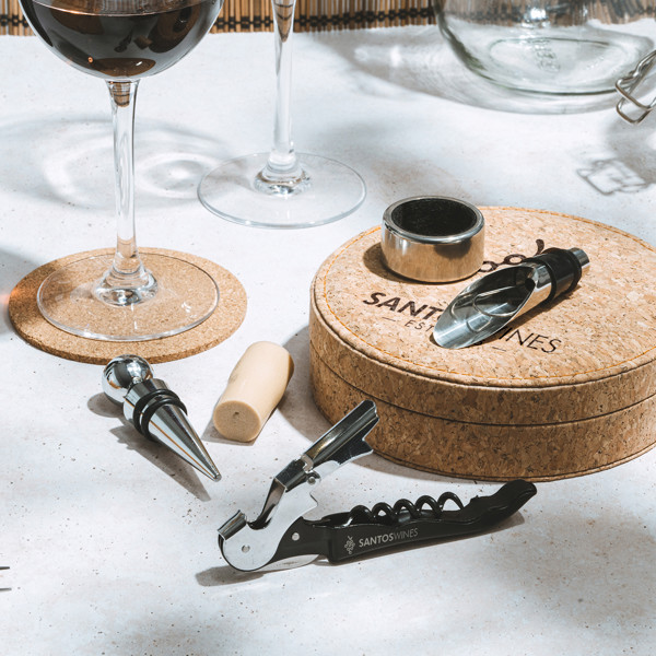 Personalised wine set in natural cork case with stainless steel accessories
