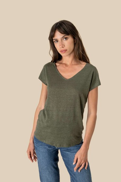 Ladies' V-Neck Linen T-Shirt - Ivory / S