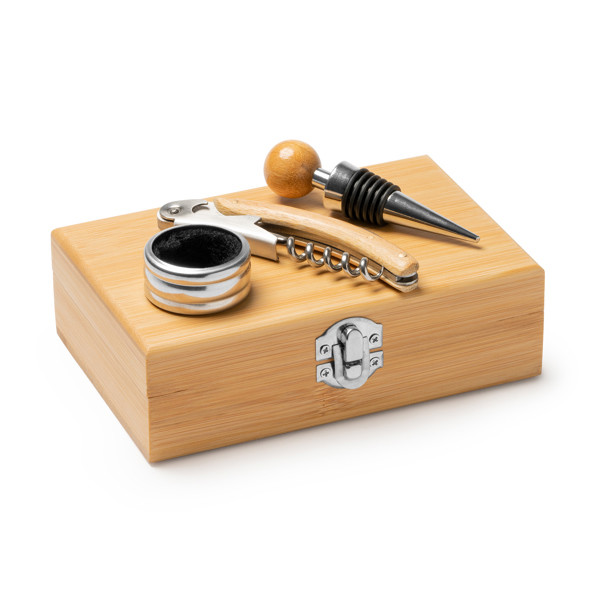 Personalised wine set in stainless steel and bamboo with corkscrew, stopper and drip ring