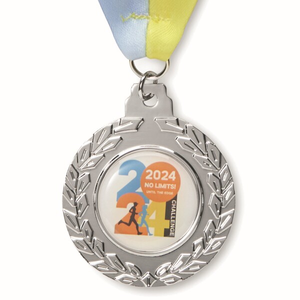 50mm iron medal with full colour doming and V stitched ribbon. - 25mm width