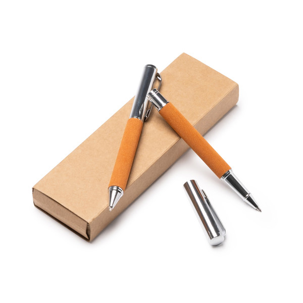 Personalized ballpoint and rollerball pen set in recycled leather with rotating clip and metallic details