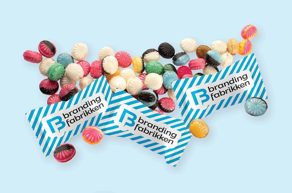 Flowpakket bolsjer inkl. logotryk i 3 farver