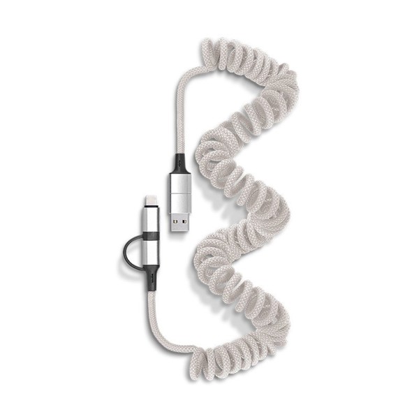 CABLE DE CHARGE RAPIDE ET TRANSFERT RETRACTABLE A RESSORT 6 EN 1 - Gris