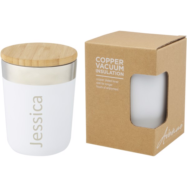Copo térmico de 330 ml de cobre isolado a vácuo em aço inoxidável com tampa de bambu "Lagan" - Branco