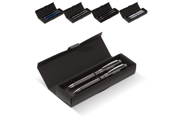Pen set 2 stripes barrel metal - White