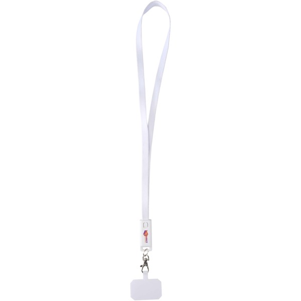 Tour de cou pour smartphone Franz en plastique recyclé avec synchronisation des données intégrée et câble 5 en 1 pour charge rapide de 65 W - Blanc