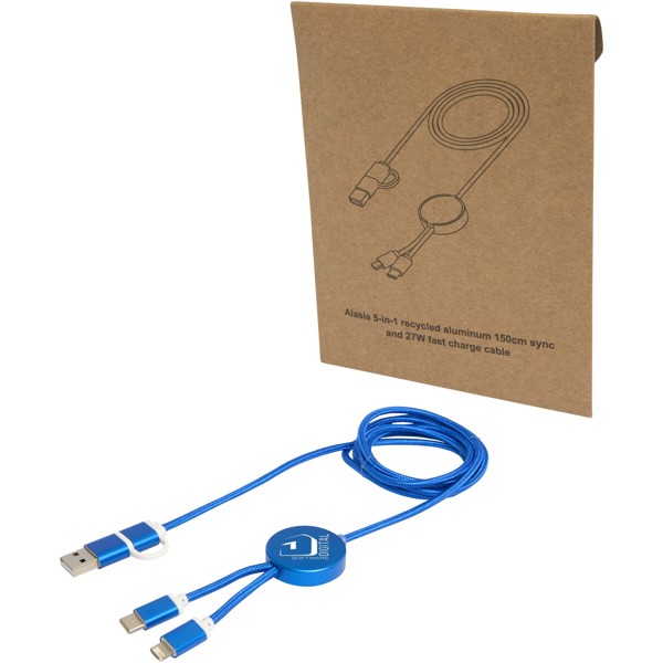 Câble 5 en 1 Alasia en aluminium et plastique recyclés de 150 cm pour la synchronisation des données et la charge rapide de 2 - Bleu royal