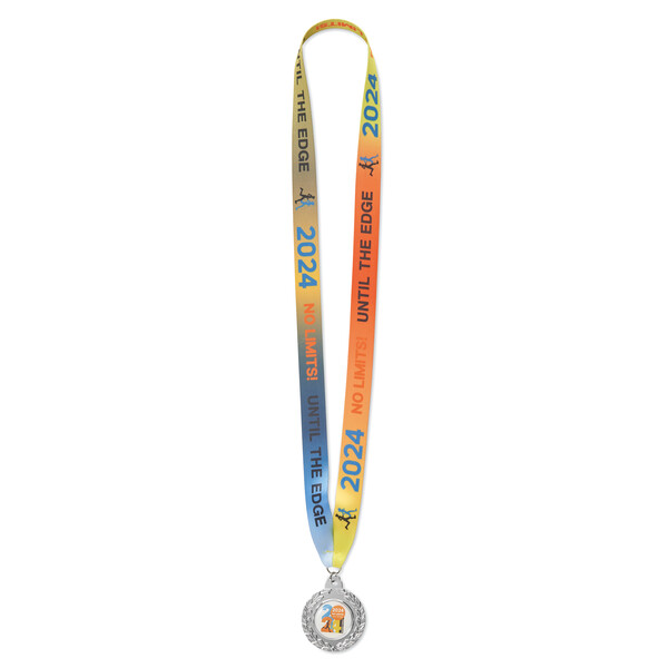 50mm iron medal with full colour doming and V stitched ribbon. - 25mm width