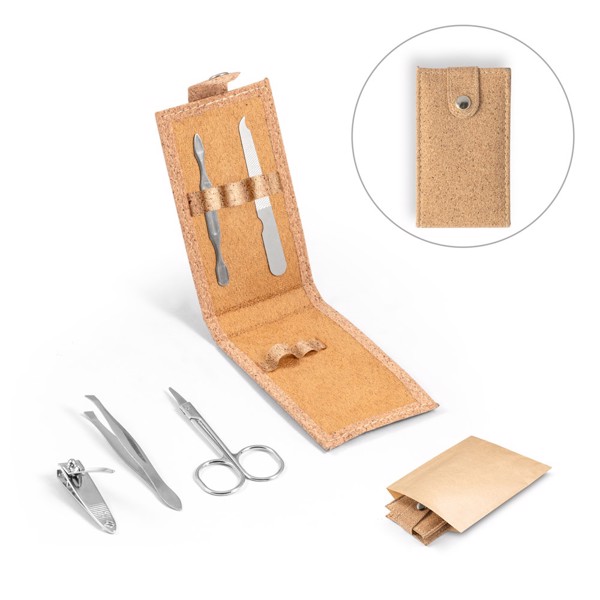 PS - ZENA. Stainless steel manicure set in cork pouch