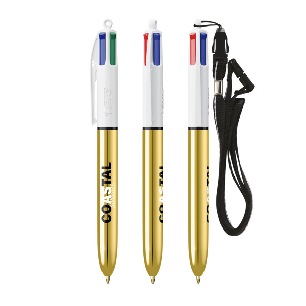 BIC® 4 Couleurs® Shine with lanyard ballpen - Blanc/Or