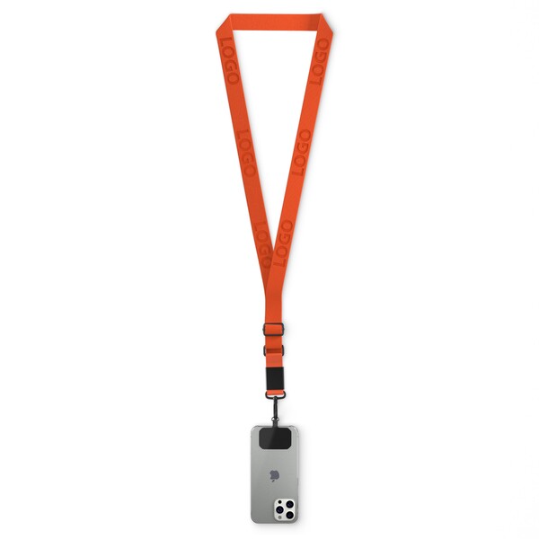 Suporte para telemóvel em forma de cruz feito de fita tecida com placa de metal gravada com o seu logótipo. Disponível em quantidades de 100 ou mais - Laranja