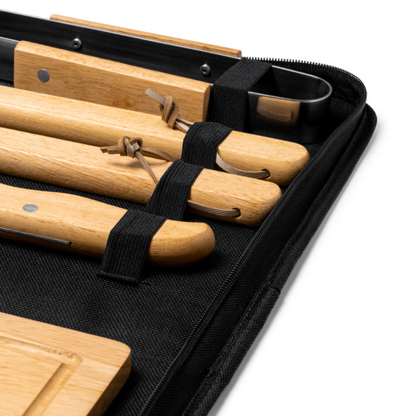 Set de barbacoa personalizado de acero inoxidable y madera con 5 piezas y funda de RPET