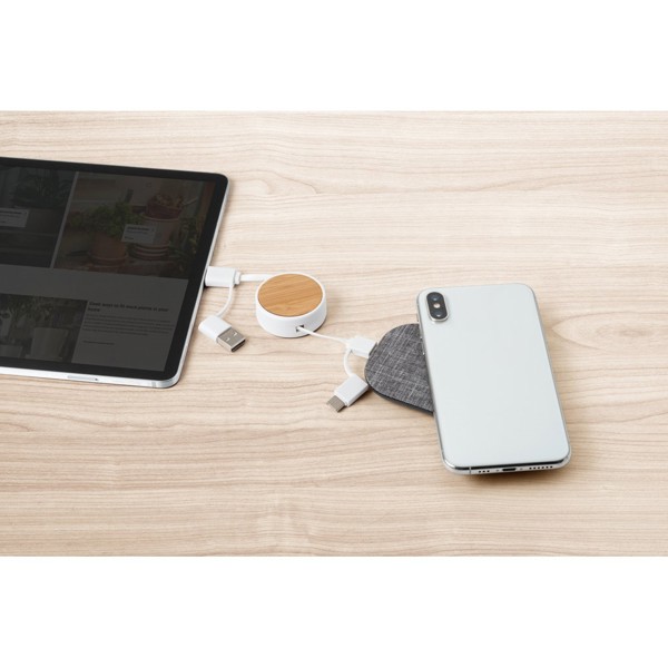 RUBINS. Zatahovací USB kabel 6 v 1 z recyklovaného ABS (100% rABS) a bambusu - Bílá