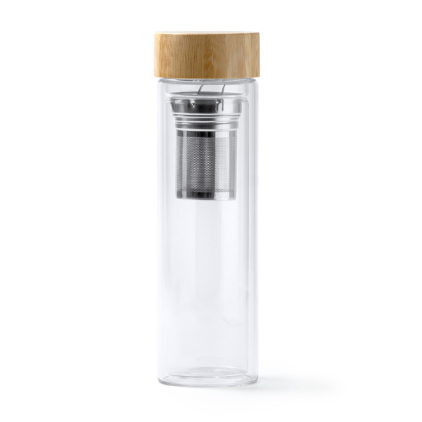 Personalised double-wall borosilicate glass bottle 420 ml with tea infuser and bamboo lid