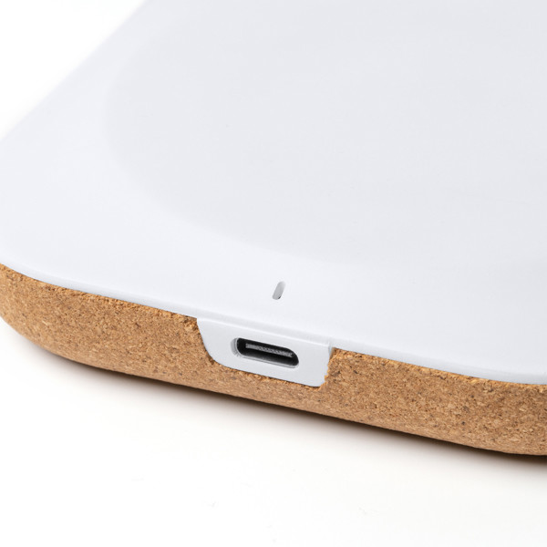 Cargador inalámbrico personalizado de ABS reciclado y corcho 10W con indicador luminoso
