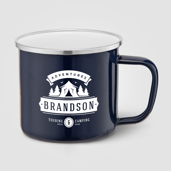 Wyoming - 385 ml Mug de camping émaillé avec bord en acier inoxydable - Bleu marine / Sérigraphie