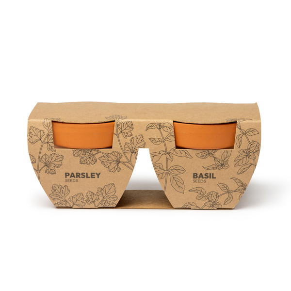 Set de maceteros personalizados con semillas de perejil y albahaca