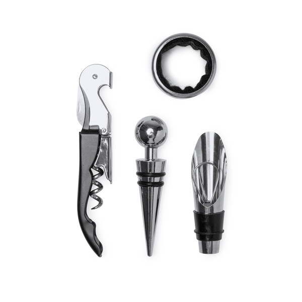 Set de vino personalizado de acero inoxidable con sacacorchos, recogegotas, tapón y dosificador