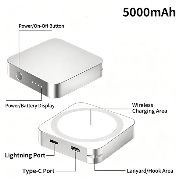 Wireless magnetic power bank 3in1 5000mAh - SILVER
