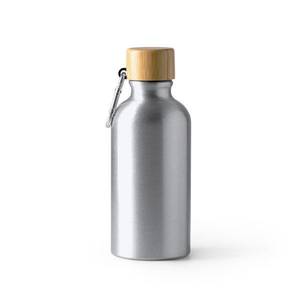 Personalised aluminium bottle 400 ml with bamboo lid and carabiner